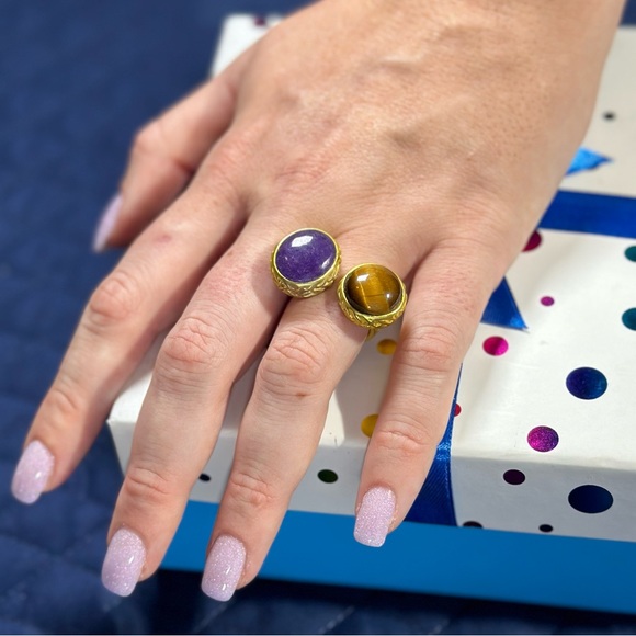 May Kathryn Design Unique 2 Stone Gold Tone Ring. Size 8. 2 Natural Gemstones. - Picture 3 of 17